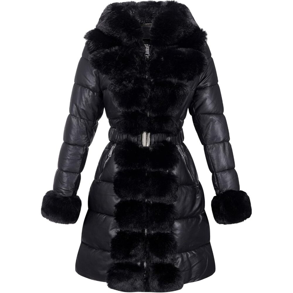 Puffer Jacket Women Winter Fur Lined Coat with Long Fur Collar Warm Overcoat